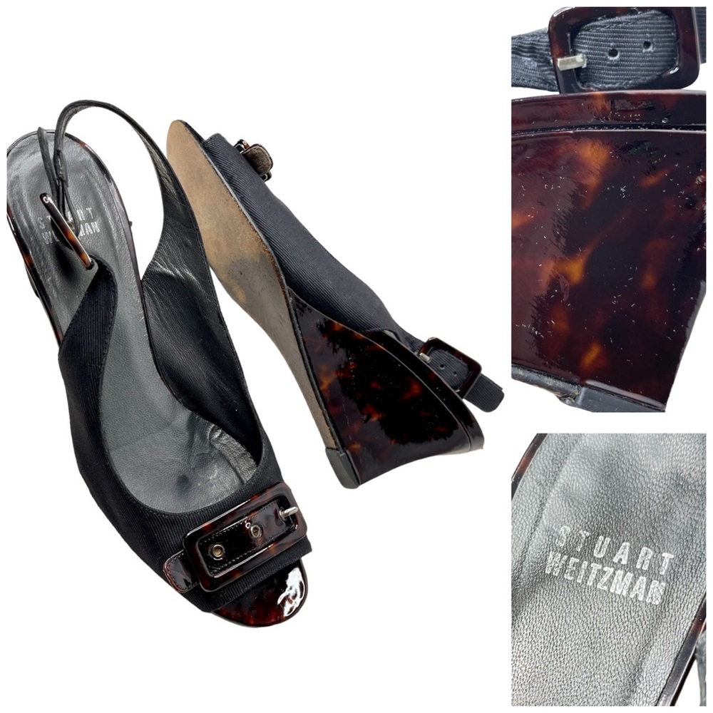 STUART WEITZMAN Wedge Peep Toe Sandal Slingback Tortoise Patent Leather 7.5
